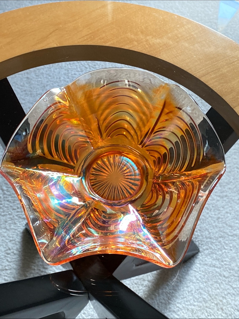 Vintage Carnival Glass 9” Round Crimped Bowl Marigold Imperial Glass Ohio